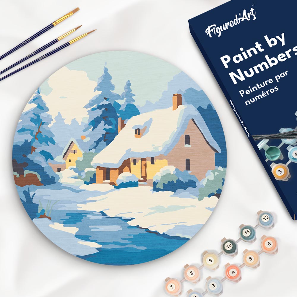Peinture par Numéro sur Disque en Bois - Chalet en Hiver