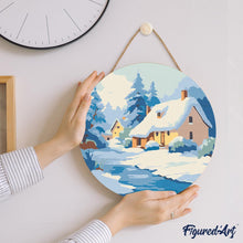 Charger l&#39;image dans la galerie, Peinture par Numéro sur Disque en Bois - Chalet en Hiver