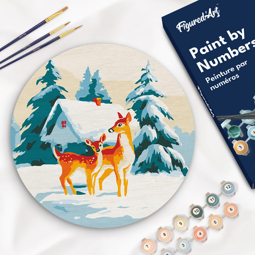 Peinture par Numéro sur Disque en Bois - Biches et Cabane