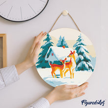 Charger l&#39;image dans la galerie, Peinture par Numéro sur Disque en Bois - Biches et Cabane