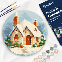 Charger l&#39;image dans la galerie, Peinture par Numéro sur Disque en Bois - Maison en Briques sous la Neige