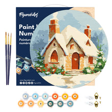 Charger l&#39;image dans la galerie, Peinture par Numéro sur Disque en Bois - Maison en Briques sous la Neige