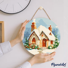 Charger l&#39;image dans la galerie, Peinture par Numéro sur Disque en Bois - Maison en Briques sous la Neige