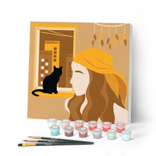 Charger l'image dans la galerie, Mini Peinture par Numéros petit format 20x20cm avec cadre Femme et son Chat à la Fenêtre