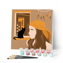 Charger l'image dans la galerie, Mini Peinture par Numéros petit format 20x20cm avec cadre Femme et son Chat à la Fenêtre