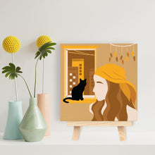 Charger l'image dans la galerie, Mini Peinture par Numéros 20x20cm avec cadre Femme et son Chat à la Fenêtre