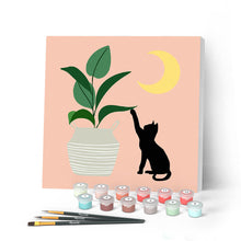 Charger l'image dans la galerie, Mini Peinture par Numéros petit format 20x20cm avec cadre Chaton et Plante au clair de Lune