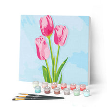 Charger l'image dans la galerie, Mini Peinture par Numéros petit format 20x20cm avec cadre Tulipes et Ciel bleu