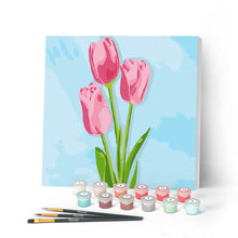 Charger l'image dans la galerie, Mini Peinture par Numéros petit format 20x20cm avec cadre Tulipes et Ciel bleu
