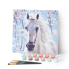 Charger l'image dans la galerie, Mini Peinture par Numéros petit format 20x20cm avec cadre Cheval et Fleurs blanches