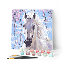 Charger l'image dans la galerie, Mini Peinture par Numéros petit format 20x20cm avec cadre Cheval et Fleurs blanches