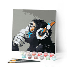 Charger l'image dans la galerie, Mini Peinture par Numéros petit format 20x20cm avec cadre Singe casque audio