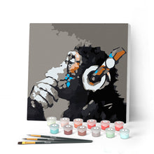 Charger l'image dans la galerie, Mini Peinture par Numéros petit format 20x20cm avec cadre Singe casque audio