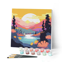 Charger l'image dans la galerie, Mini Peinture par Numéros 20x20cm avec cadre Coucher de Soleil Coloré au Bord du Lac