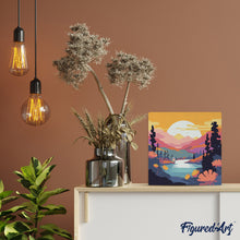 Charger l'image dans la galerie, Mini Peinture par Numéros 20x20cm avec cadre Coucher de Soleil Coloré au Bord du Lac