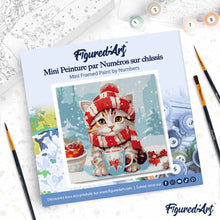 Charger l'image dans la galerie, Mini Peinture par Numéros 20x20cm avec cadre Chat Mignon avec Écharpe Rouge