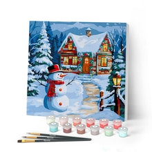 Charger l'image dans la galerie, Mini Peinture par Numéros 20x20cm avec cadre Bonhomme de Neige et Chaumière