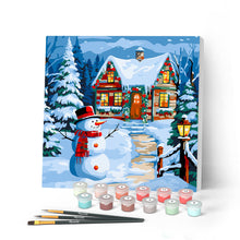 Charger l'image dans la galerie, Mini Peinture par Numéros 20x20cm avec cadre Bonhomme de Neige et Chaumière