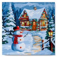 Charger l'image dans la galerie, Mini Peinture par Numéros 20x20cm avec cadre Bonhomme de Neige et Chaumière