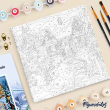 Charger l'image dans la galerie, Mini Peinture par Numéros 20x20cm avec cadre Bonhomme de Neige et Chaumière