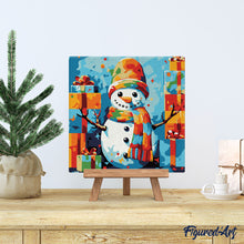 Charger l&#39;image dans la galerie, Mini Peinture par Numéros 20x20cm avec cadre Bonhomme de Neige et Cadeaux