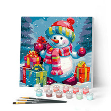 Charger l'image dans la galerie, Mini Peinture par Numéros 20x20cm avec cadre Bonhomme de Neige et Cadeaux dans la Neige