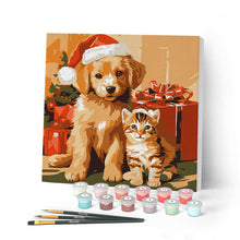 Charger l'image dans la galerie, Mini Peinture par Numéros 20x20cm avec cadre Chat et Chien de Noël