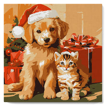 Charger l'image dans la galerie, Mini Peinture par Numéros 20x20cm avec cadre Chat et Chien de Noël