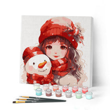 Charger l'image dans la galerie, Mini Peinture par Numéros 20x20cm avec cadre Jolie Fille et Bonhomme de Neige