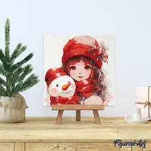 Charger l&#39;image dans la galerie, Mini Peinture par Numéros 20x20cm avec cadre Jolie Fille et Bonhomme de Neige