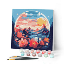 Charger l'image dans la galerie, Mini Peinture par Numéros 20x20cm avec cadre Montagnes et boule de verre