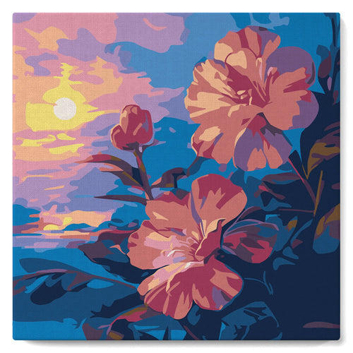 Mini Peinture par Numéros 20x20cm avec cadre Hibiscus au coucher de soleil