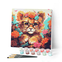 Charger l'image dans la galerie, Mini Peinture par Numéros 20x20cm avec cadre Lionceau fantaisie et fleurs