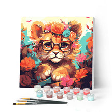Charger l'image dans la galerie, Mini Peinture par Numéros 20x20cm avec cadre Lionceau fantaisie et fleurs
