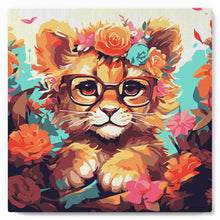 Charger l'image dans la galerie, Mini Peinture par Numéros 20x20cm avec cadre Lionceau fantaisie et fleurs