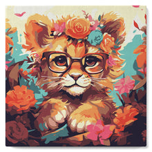 Charger l&#39;image dans la galerie, Mini Peinture par Numéros 20x20cm avec cadre Lionceau fantaisie et fleurs