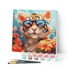 Charger l'image dans la galerie, Mini Peinture par Numéros 20x20cm avec cadre Bébé Tigre fantaisie et fleurs