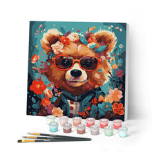 Charger l'image dans la galerie, Mini Peinture par Numéros 20x20cm avec cadre Ourson fantaisie et fleurs