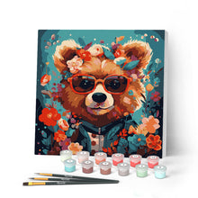 Charger l'image dans la galerie, Mini Peinture par Numéros 20x20cm avec cadre Ourson fantaisie et fleurs
