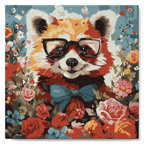 Mini Peinture par Numéros 20x20cm avec cadre Panda roux fantaisie et fleurs