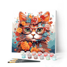 Charger l'image dans la galerie, Mini Peinture par Numéros 20x20cm avec cadre Chaton fantaisie et fleurs