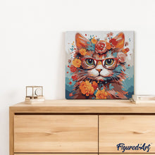 Charger l'image dans la galerie, Mini Peinture par Numéros 20x20cm avec cadre Chaton fantaisie et fleurs