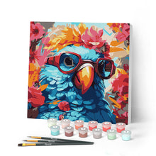Charger l'image dans la galerie, Mini Peinture par Numéros 20x20cm avec cadre Perroquet fantaisie et fleurs