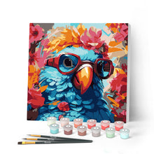 Charger l'image dans la galerie, Mini Peinture par Numéros 20x20cm avec cadre Perroquet fantaisie et fleurs