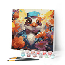 Charger l'image dans la galerie, Mini Peinture par Numéros 20x20cm avec cadre Oiseau en smoking fantaisie et fleurs