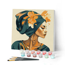 Charger l'image dans la galerie, Mini Peinture par Numéros 20x20cm avec cadre Femme au turban floral