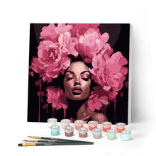 Charger l'image dans la galerie, Mini Peinture par Numéros 20x20cm avec cadre Femme aux cheveux de pivoines