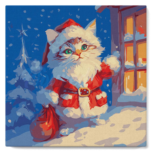 Mini Peinture par Numéros 20x20cm avec cadre Chat Père Noël