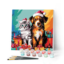 Charger l'image dans la galerie, Mini Peinture par Numéros 20x20cm avec cadre Chat et Chien Festifs