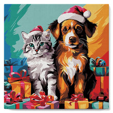 Charger l'image dans la galerie, Mini Peinture par Numéros 20x20cm avec cadre Chat et Chien Festifs